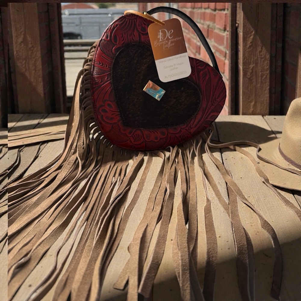 Heart-Shaped Red and Brown Fringe Bag